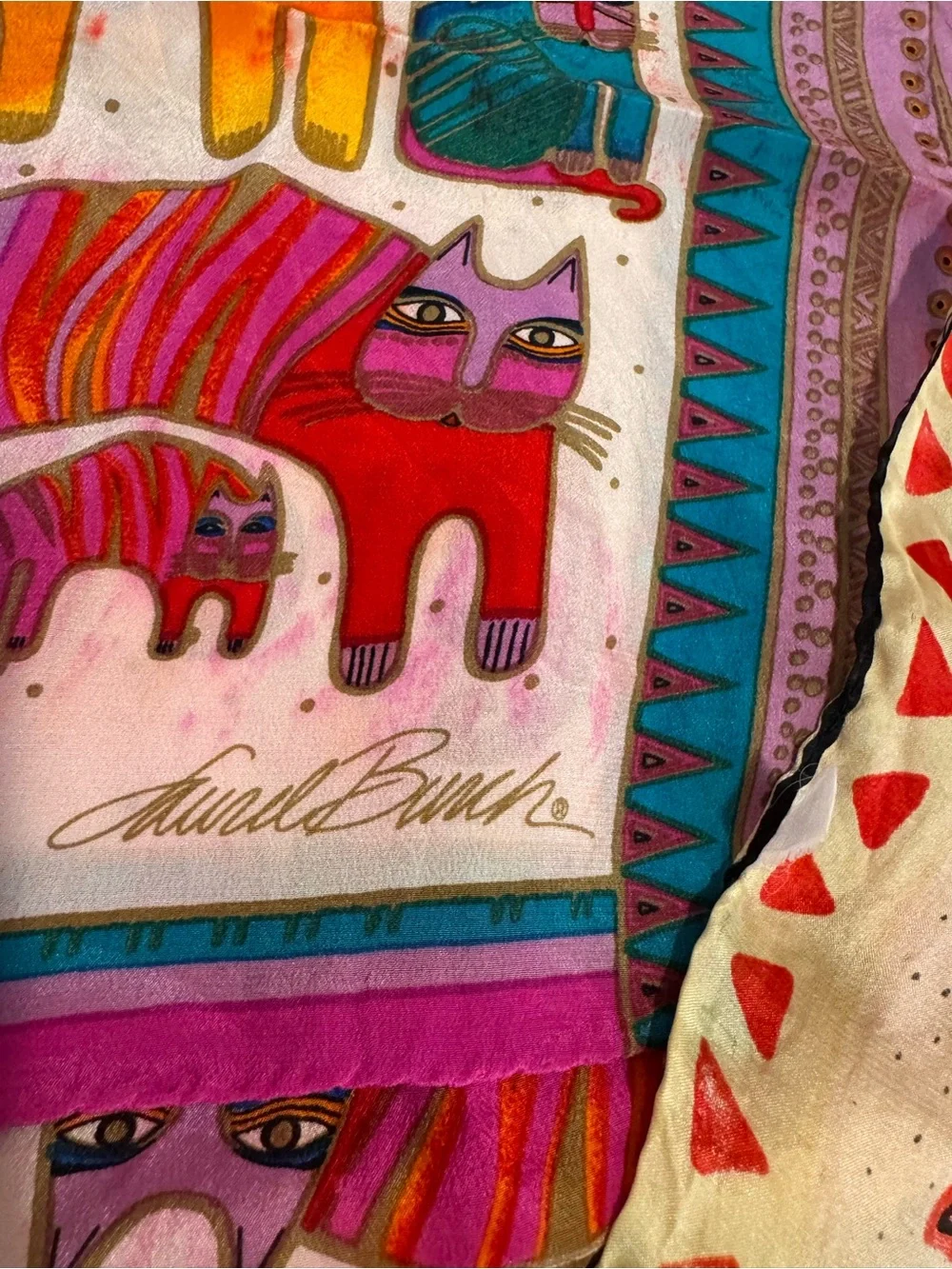 Laurel Burch Colorful Cats Silk Scarf Fantastic Felines Lot of 2 Scarves